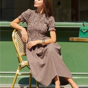 Rihoas Coffee Gingham Shirred Puffed Sleeve Midi Dress M